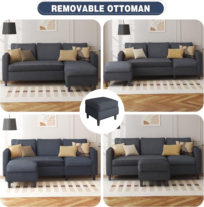Shintenchi Modern Upholstered Sectional Sofa, L-Shaped Couch with Movable Ottoman and Reversible Chaise for Living Room, Dark Gray