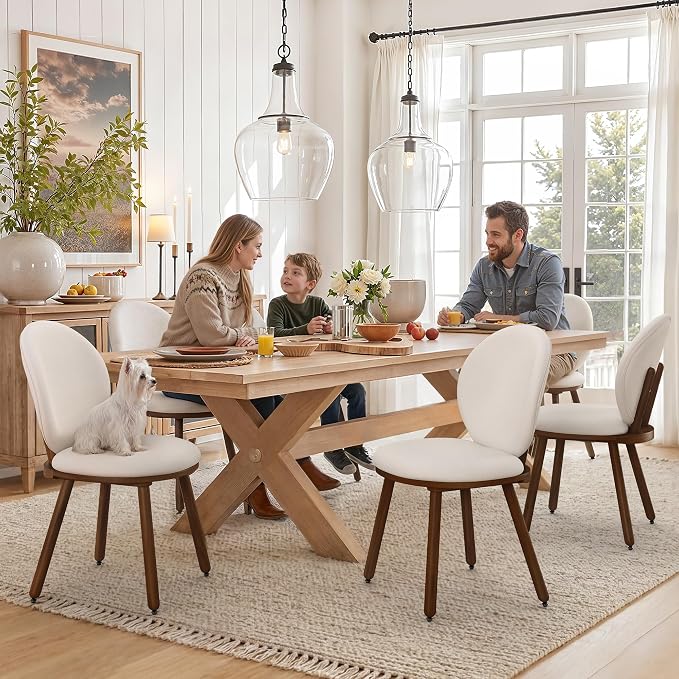 LUE BONA Dining Chairs Set of 6, Upholstered Fabric Chairs with Dual-Spine Backrest, Kitchen Chairs with Solid Wood Legs and Ergonomic Curved Seat, Easy Assembly for Kitchen Dining Room, White
