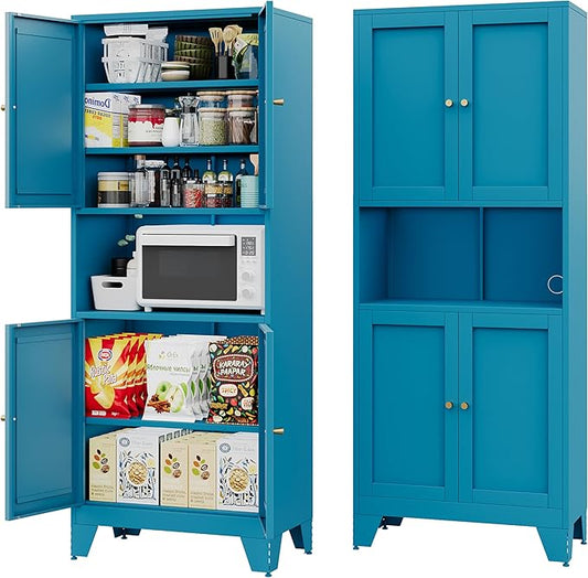 69" Tall Metal Pantry Cabinet with Microwave Stand,Microwave Storage Cabinet with 4 Doors & 3 Adjustable Shelves for Kitchen (4doors-Blue, 13.78" D x 27.54" W x 68.9" H)