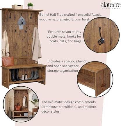 Alaterre Furniture Bethel Hall Tree with Bench – Rustic 70-Inch Entryway Organizer with 7 Metal Double Coat Hooks, Solid Wood Bench and Storage Shelves for Mudroom or Hallway (Natural Aged Brown)