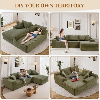 95" L Shaped Boneless Sectional Couches, Wide Armrest, Deep Seat, Memory Foam, Assembly Free, Modern Comfy Corduroy Fluffy Cloud Sofa with Right Chaise for Living Room, Small Spaces, Green