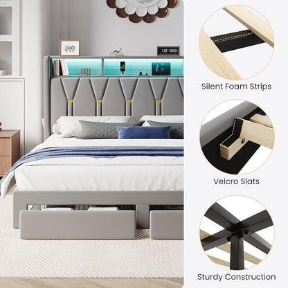 SHA CERLIN Velvet King Platform Bed Frame with 2 Storage Drawers, LED Storage Headboard with Charging Station, Wingback Upholstered, Noise Free, No Box Spring Needed, Easy Assembly, Grey