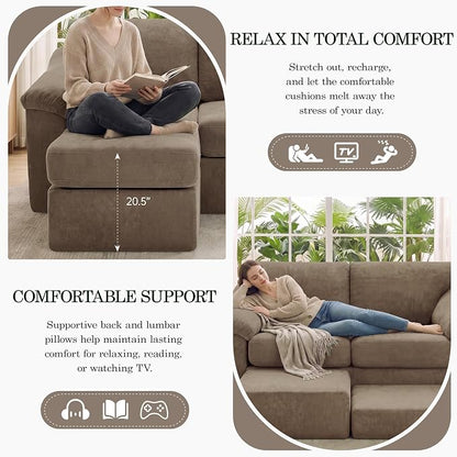 L Shaped Boneless Couch, Modern Loveseat Sofa with Ottoman, Floor Cloud Couch Sets with Extra Comfy Soft Deep Seats for Living Room, Apartment, No Assemby, Brown