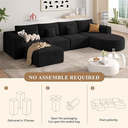 134" Boneless Couches for Living Room,Large U-Shaped Modular Sectional Sofa with Convertible Ottoman,Modern Cozy Cloud Couch in a Box,Sponge Compression Deep Seat Sofas with Chaise,Black,1pcs