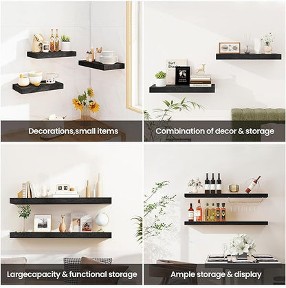 Vivelove Floating Shelves 16 Inch, Wall Shelves Over Toilet with Invisible Brackets for Bathroom Living Room Kitchen Bedroom Office Farmhouse Home Decor, 16" X 9.3" X 1.5" - Set of 2, Black