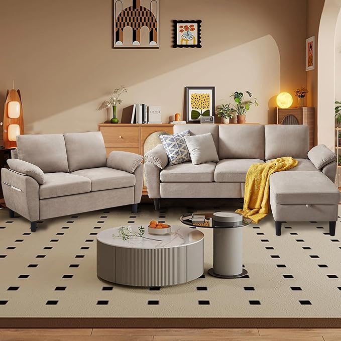 80" Convertible Sectional Sofa Set, Modern Linen Small L Shaped Couch with Reversible Chaise and Loveseat Sofa, 3-Seat Sofa Couches for Living Room, Office, Apartment, Beige