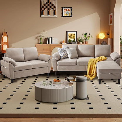 80" Convertible Sectional Sofa Set, Modern Linen Small L Shaped Couch with Reversible Chaise and Loveseat Sofa, 3-Seat Sofa Couches for Living Room, Office, Apartment, Beige