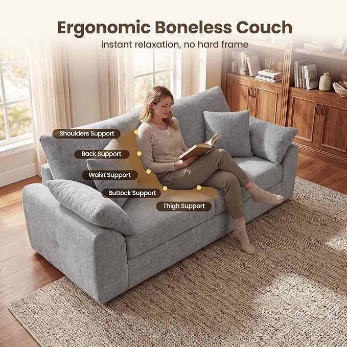 90" Boneless Loveseat Sofa, Polyester Fabric 2-Seater Couch with 4 Pillows, No Assembly Required, Soft High Density Foam Cushion, Pillow Armrest for Living Room Bedroom Apartment (Grey)