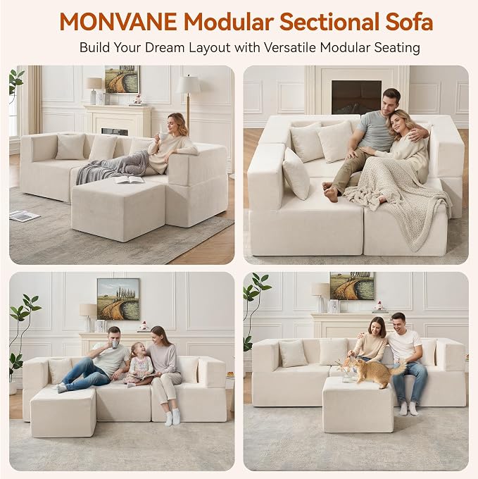 MONVANE 103'' Modular Sectional Sofa, Cloud Sectional Couch with Ottoman, Convertible Chenille L Shaped Couch with Deep Seat, Sectional Couches for Living Room Bedroom, No Assembly Required, Beige