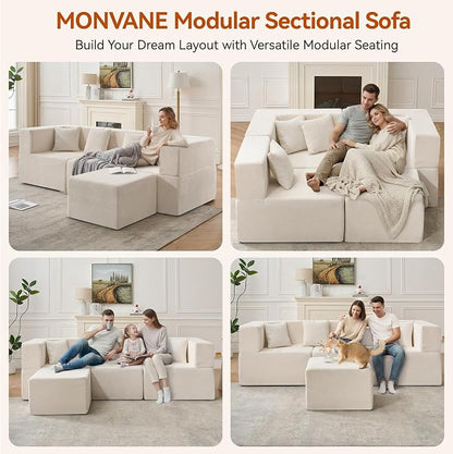 MONVANE 103'' Modular Sectional Sofa, Cloud Sectional Couch with Ottoman, Convertible Chenille L Shaped Couch with Deep Seat, Sectional Couches for Living Room Bedroom, No Assembly Required, Beige