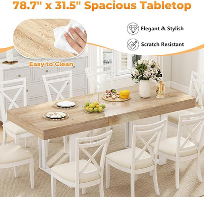 Zevemomo 63"-78.7" Expandable Dining Table, 6-8 Extendable Dining Table, Rectangle Conference Table, Farmhouse Kitchen Table with Slide Track, Tapered U-Shaped Wood Legs for Office, Living Room-Oak