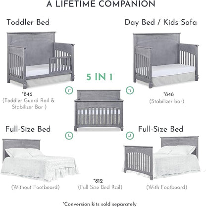 Evolur Santa Fe 5-in-1 Convertible Crib in Storm Grey, Greenguard Gold Certified, Features 3 Mattress Heights, Wooden Nursery and Bedroom Furniture, Baby Crib