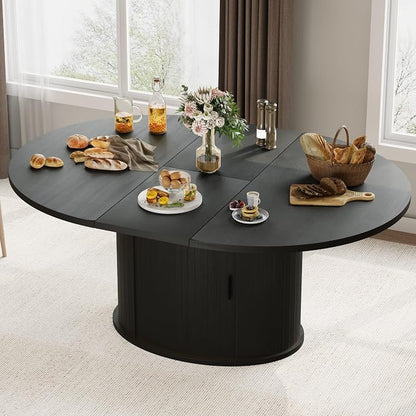 Dining Table for 4-6, 63“Extendable Round Dining Room Kitchen Table with 2-Tier Storage Shelf, Fluted Wood Table with Slide Door, Expandable Wood Oval Dinner Furniture with Pedestal Base (Black)