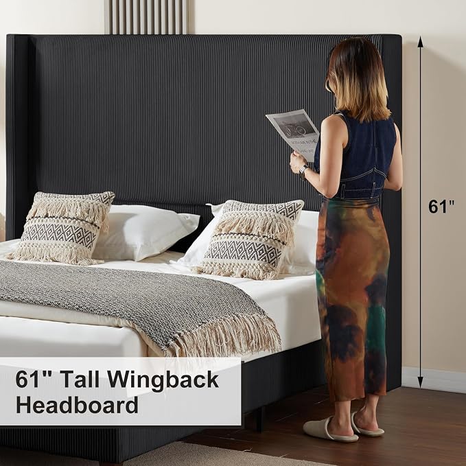HOWE Queen Bed Frame with 61.4" Extra Tall Headboard, Corduroy Upholstered Bed with Vertical Wingback Headboard, No Box Spring Needed/Noise Free/Solid Wood Slats & Legs/Black