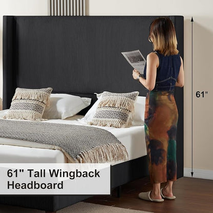 HOWE Queen Bed Frame with 61.4" Extra Tall Headboard, Corduroy Upholstered Bed with Vertical Wingback Headboard, No Box Spring Needed/Noise Free/Solid Wood Slats & Legs/Black