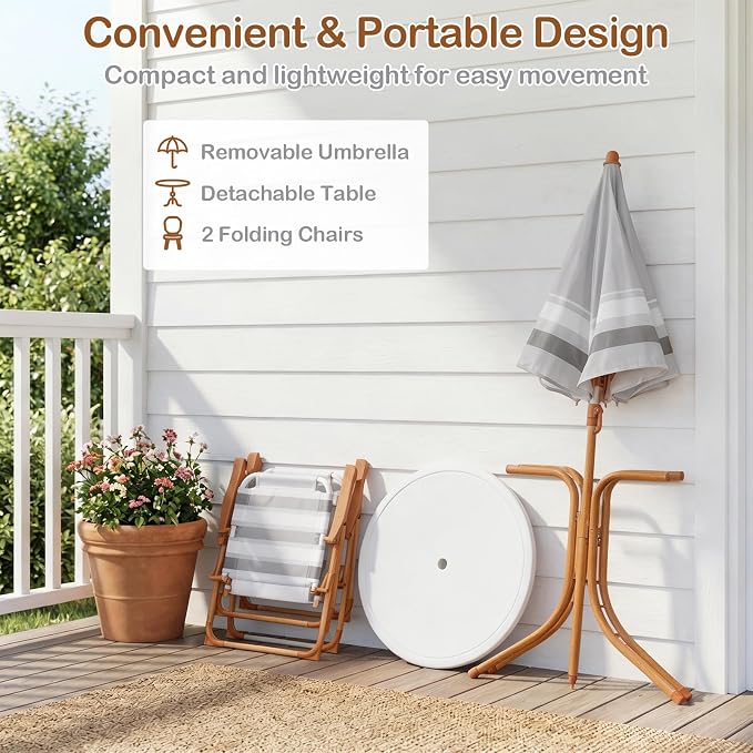 Olakids Kids Picnic Table, Outdoor Toddler Patio Furniture Set with 2 Folding Chairs Adjustable Foldable Umbrella for Garden Backyard Beach (Khaki)