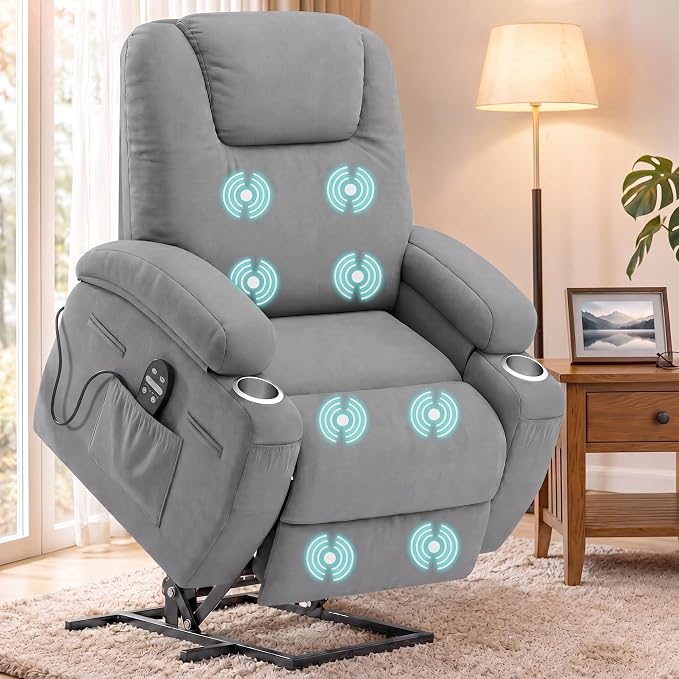 Flamaker Power Lift Chair Massage Recliner Chairs for Elderly - Ergonomic Design with Cup Holders & Side Pockets, Remote Control (Gray)