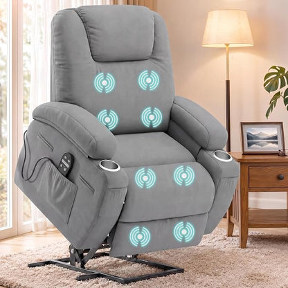 Flamaker Power Lift Chair Massage Recliner Chairs for Elderly - Ergonomic Design with Cup Holders & Side Pockets, Remote Control (Gray)