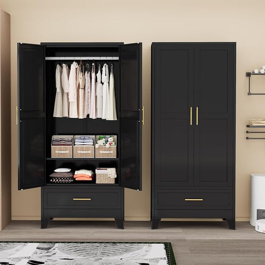 Ckzbx 71" H Metal Armoire Wardrobe Closet with Drawer, Adjustable Shelf, Clothes Drying Pole, Clothes Storage Closet for Bedroom (Black)