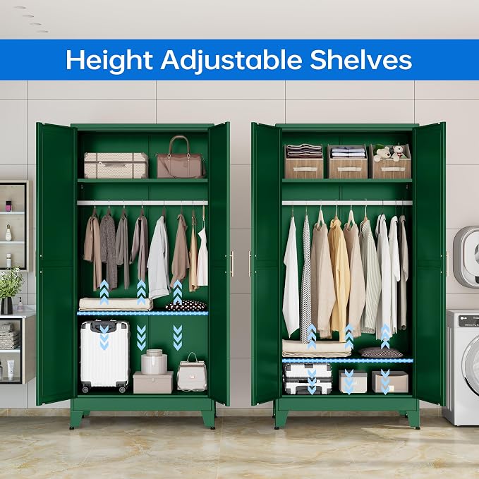 PAOFIN 71" Metal Armoire Wardrobe Closet, Bedroom Clothing Storage Cabinet with Hanging Rod, Freestanding Armoire Cabinet with Adjustable Shelves, Green