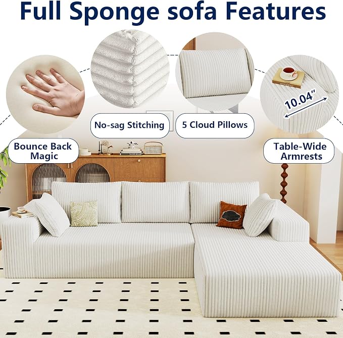 96" Modular Sectional Sofa, Modern Corduroy Cloud Couch with Deep Seat, Boneless Couch Upholstered 3-Seater L-Shaped Sofa for Living Room, No Assembly Required (White, Right-Facing Chaise)