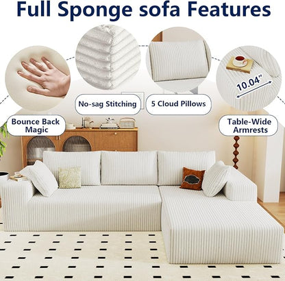 96" Modular Sectional Sofa, Modern Corduroy Cloud Couch with Deep Seat, Boneless Couch Upholstered 3-Seater L-Shaped Sofa for Living Room, No Assembly Required (White, Right-Facing Chaise)