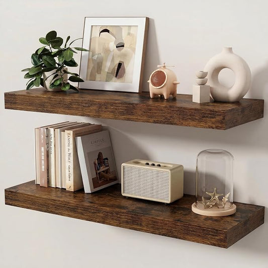 Floating Shelves for Wall, 32 Inch x 8 Inch Deep Wall Mounted Wood Shelf with Invisible Brackets for Storage & Display, Living Room Bedroom Kitchen, Rustic Brown, Set of 2