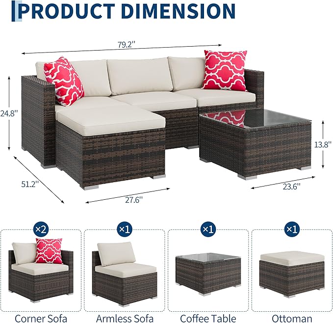 GAOMON 5-Piece All-Weather Patio Furniture Set, Convertible Outdoor Sectional Sofa with Ottoman & Tempered Glass Table, PE Rattan Conversation Set for Garden, Backyard, Porch, Poolside
