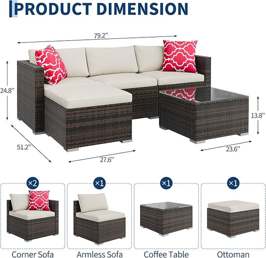 GAOMON 5-Piece All-Weather Patio Furniture Set, Convertible Outdoor Sectional Sofa with Ottoman & Tempered Glass Table, PE Rattan Conversation Set for Garden, Backyard, Porch, Poolside