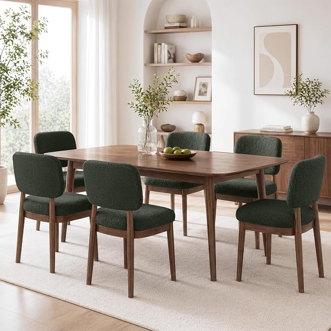 Wooden Dining Chairs Set of 6, Boucle Upholstered Kitchen Chairs with Solid Wood Legs, Mid Century Modern Dining Chairs, Farmhouse Side Chair with Hardwood Frame for Dining Room, Green
