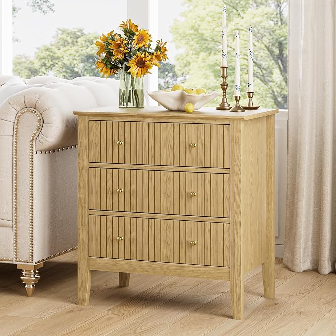 Night Stand, Fluted 3 Drawer Wide Farmhouse Nightstand with Gold Handle, Modern Wooden Bedside End Table for Bedroom, Living Room, Oak