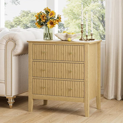 Night Stand, Fluted 3 Drawer Wide Farmhouse Nightstand with Gold Handle, Modern Wooden Bedside End Table for Bedroom, Living Room, Oak