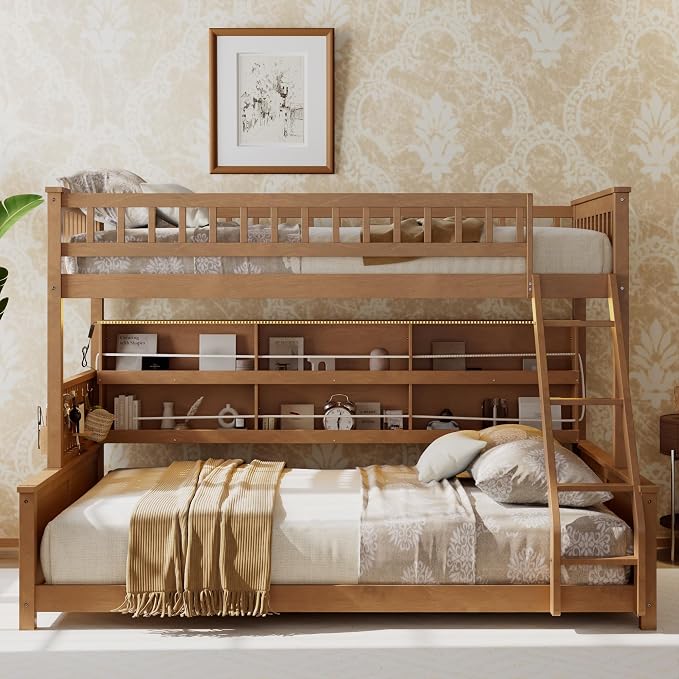 Merax Twin Over Queen Bunk Bed,Wood bunk Bed with LED,Bed with Integrated Shelving, Color-Changing Lights and Pegboard, Twin XL Over Queen, Brown