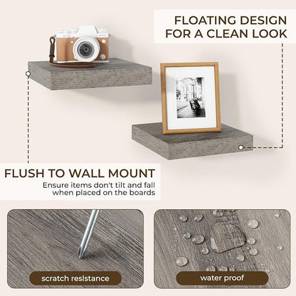 RICHFOCUS 8 Inch Floating Shelves for Wall Small Square Shelves Set for Bedroom|Kitchen|Bathroom|Laundry Room Rustic Wood Wall Mounted Shelf with Invisible Brackets for Books|Storage|Decor, Grey