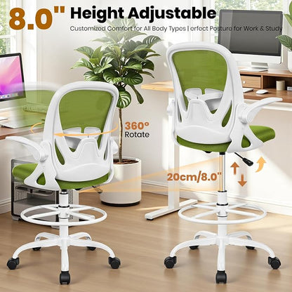Primy Drafting Chair Tall Office Chair with Flip-up Armrests Executive Ergonomic Computer Standing Desk Chair with Lumbar Support and Adjustable Footrest Ring (AvocadoGreen)