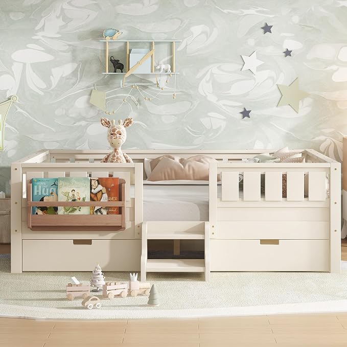 Bellemave Full Floor Bed with Stairs, Rails and Slats, Full Size Montessori Floor Bed with Bookshelf and 2 Storage Drawers, Easy Assemble Montessori Beds Frame for Girls, Boys, Light Beige