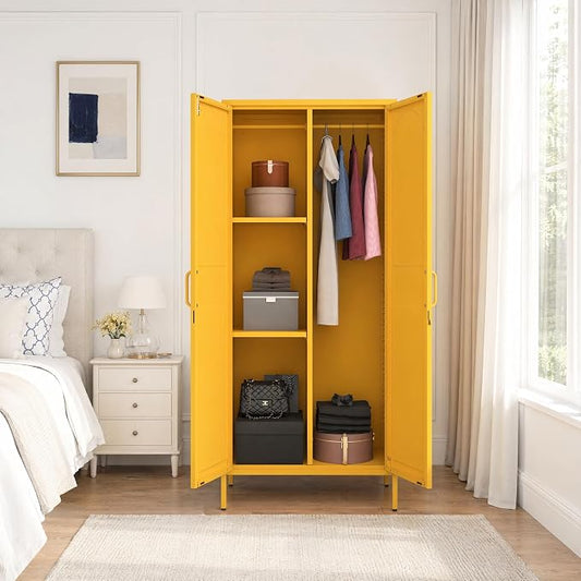 Lockable Metal Wardrobe Closet with Doors, 67" Coat Closet,Metal Storage Cabinet Locker with Removable Hanging Rod And Adjustable Shelves for Home Bedroom Office Yellow Size：67" H X 31.5" W X 18.1" D