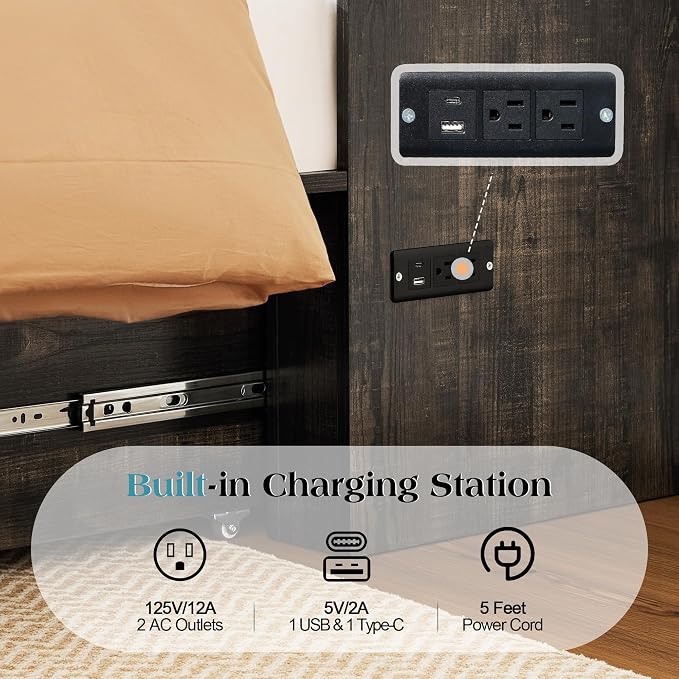 LUXOAK Full Murphy Bed with 6" White Tri-Fold Memory Foam Mattress, Storage Drawer & Charging Station, Space-Saving Design for Home Office or Guest Room, Black Oak