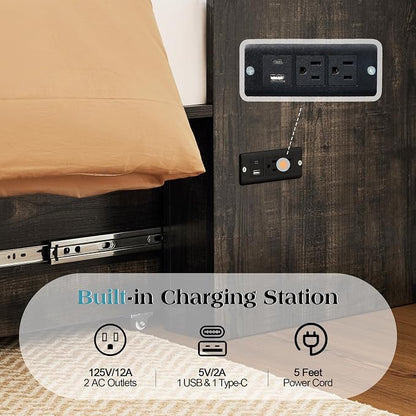 LUXOAK Full Murphy Bed with 6" White Tri-Fold Memory Foam Mattress, Storage Drawer & Charging Station, Space-Saving Design for Home Office or Guest Room, Black Oak