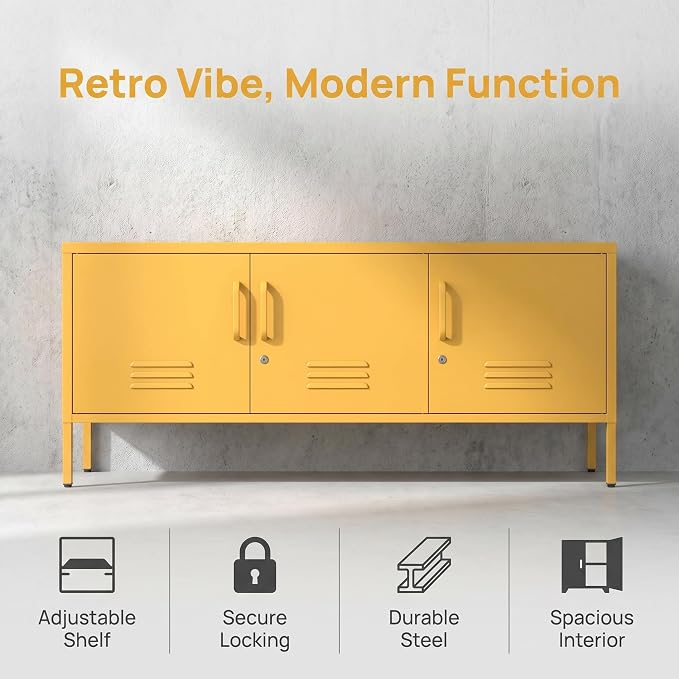 3 Door Lockable Metal TV Stand Storage Cabinet with Accent Cabinet Locker, Wide Heavy Duty Media Console for Large 100+ Inch TVs, Home Office Entertainment Center, Yellow 22"H X 47.3"W X 13.8"D
