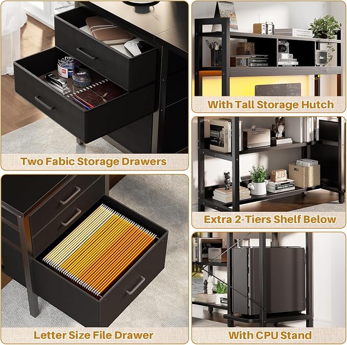Aheaplus L Shaped Desk with Hutch, Gaming Desk with Led Lights, Reversible Computer Desk with Power Outlet, Corner Desk with File Drawer & Monitor Stand, Storage Shelves for Home Office, Black