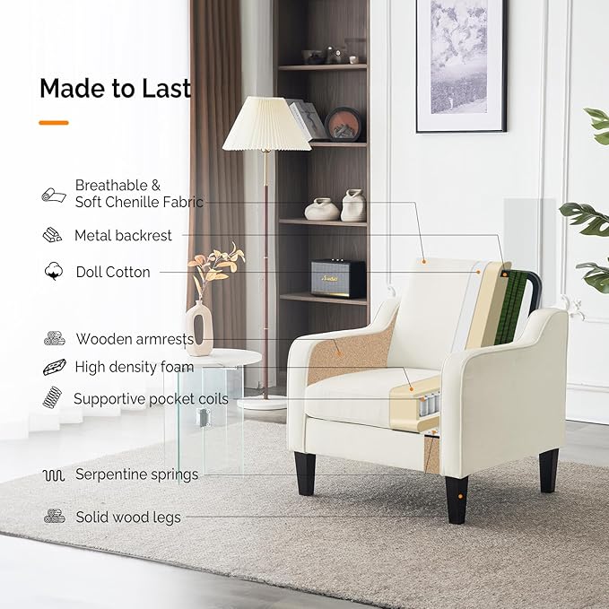 VINGLI Accent Chairs Set of 2 White Chenille Living Room Chairs Reading Chair for Bedroom Scooped Arm Chair Mid Century Modern Accent Chair Upholstered Comfy Chair for Apartment, Waiting Room