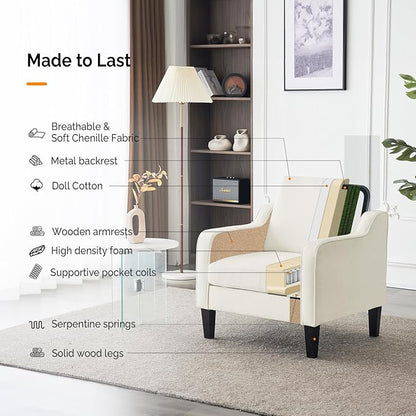 VINGLI Living Room Chairs White Accent Chair Soft Chenille Comfy Arm Chair Mid Century Modern Sofa Chair for Small Spaces Bedroom, Home Offfice, Apartment, Lounge (Creamy White)