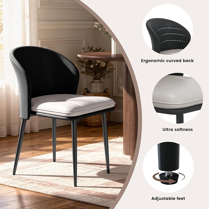 Faux Leather Dining Chairs Set of 4, Curved Back Upholstered Accent Chair, Modern Kitchen Side Chair with Metal Legs for Dining Room, Living Room, Bedroom, Black