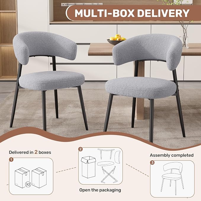 Dining Chairs Set of 4, Mid Century Modern Dining Chairs, Boucle Upholstered Kitchen Chair with Curved Backrest & Metal Legs for Dining Room, Grey