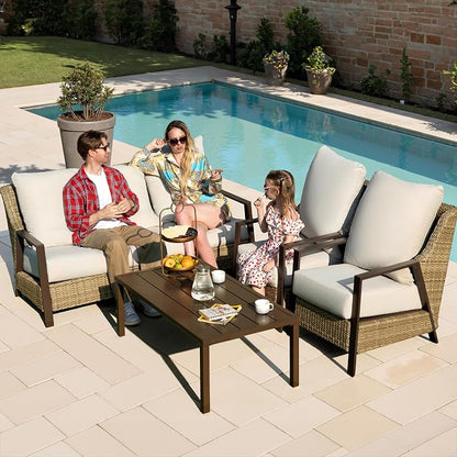 Outdoor Sofa 3 Seat Patio Couch, All-Weather PE Rattan Wicker Loveseat with Washable 4.7" Thick Cushions, Outdoor Furniture for Deck, Porch, Balcony, Backyard, Beige