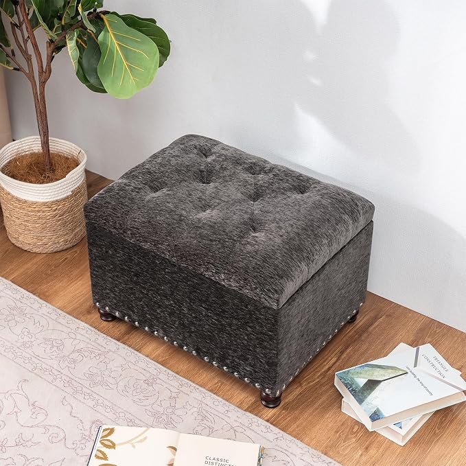 Joveco Storage Ottoman Bench, Rectangle 24" Velvet Foot Rest Stool Square Footstool for Living Room, Bedroom, Charcoal Grey