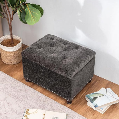 Joveco Storage Ottoman Bench, Rectangle 24" Velvet Foot Rest Stool Square Footstool for Living Room, Bedroom, Charcoal Grey
