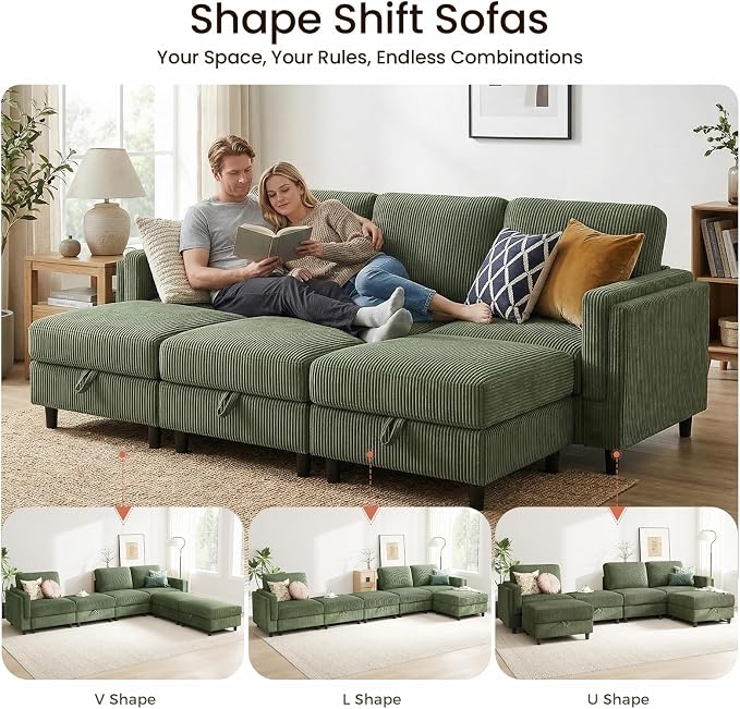 KKL 6 Seaters Sofa Bed for Living Room - Sofa Couch with Storage Ottoman, Convertible L/U-Shaped Sleeper Couch for Living Room, Modern Reversible Design, Green