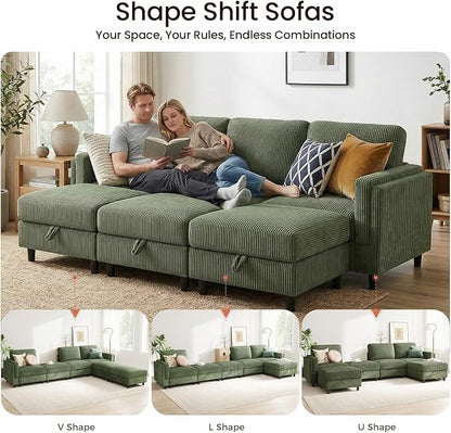 KKL 6 Seaters Sofa Bed for Living Room - Sofa Couch with Storage Ottoman, Convertible L/U-Shaped Sleeper Couch for Living Room, Modern Reversible Design, Green